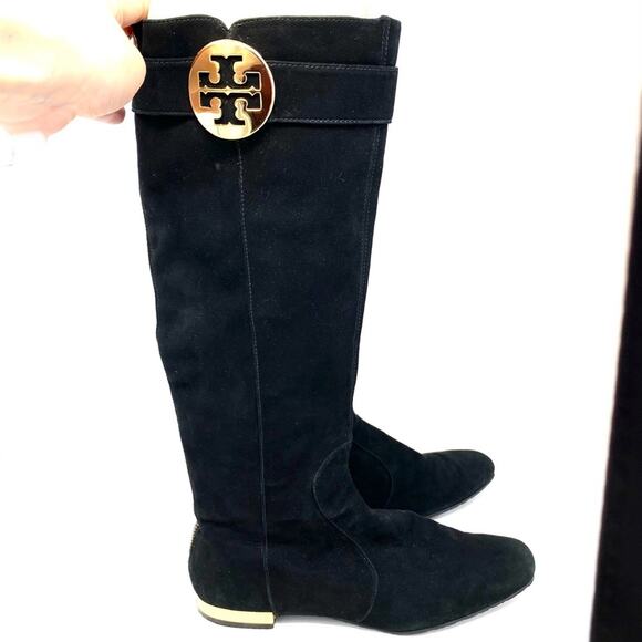 Tory Burch Black Suede Knee-High Riding Boots 7.5 Gold Logo Detail - Picture 3 of 9